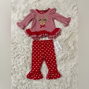 NEW Rare Too 2 Piece Deer Reindeer Holiday Christmas Ruffle Outfit Baby Girl 9M
